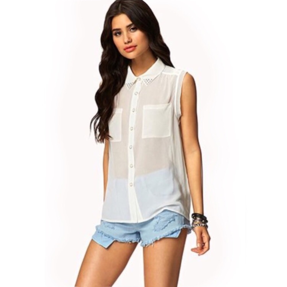 Stud Collar Sleeveless Button Down Blouse
